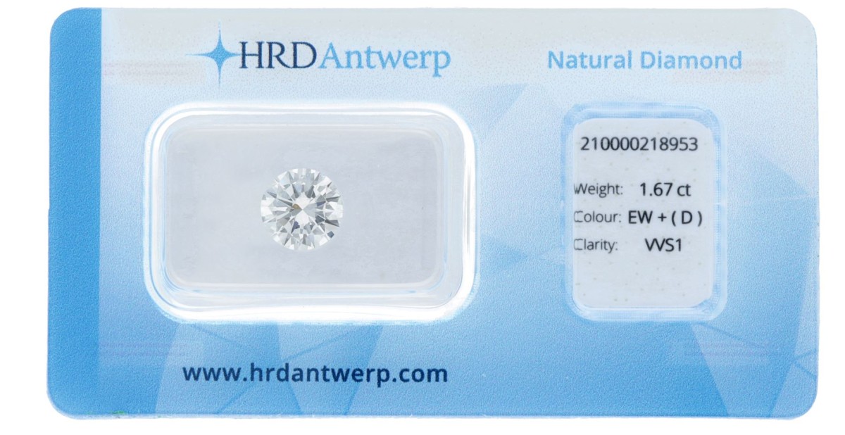 HRD-gecertificeerde briljant geslepen natuurlijke diamant van 1.67 ct.
