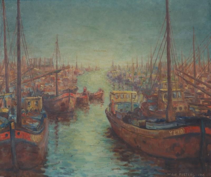 W. L. H. Pieters (1901-1989), Havengezicht met vele boten.