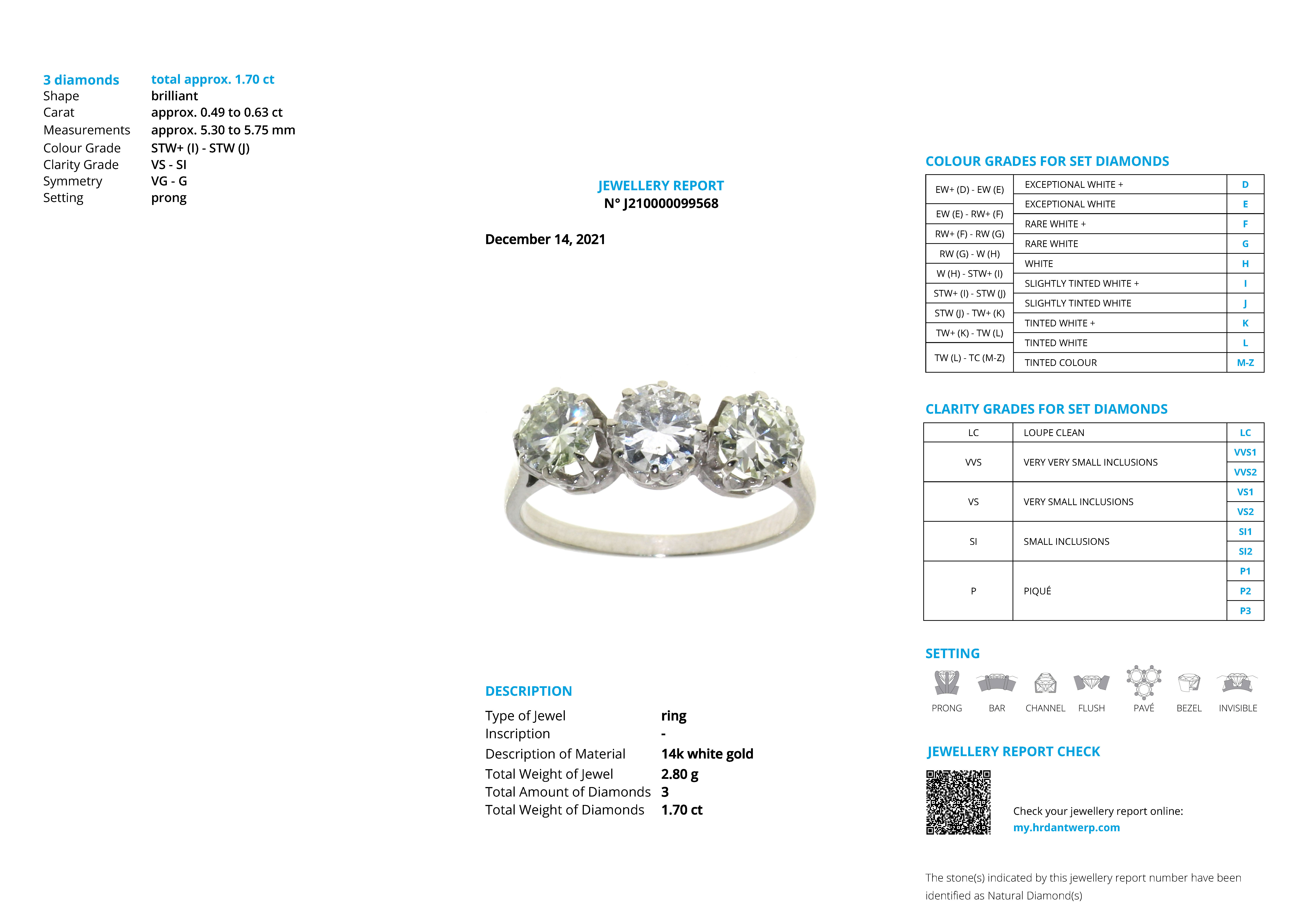 14 kt. Witgouden 3-steens ring bezet met 1.70 ct. diamant.