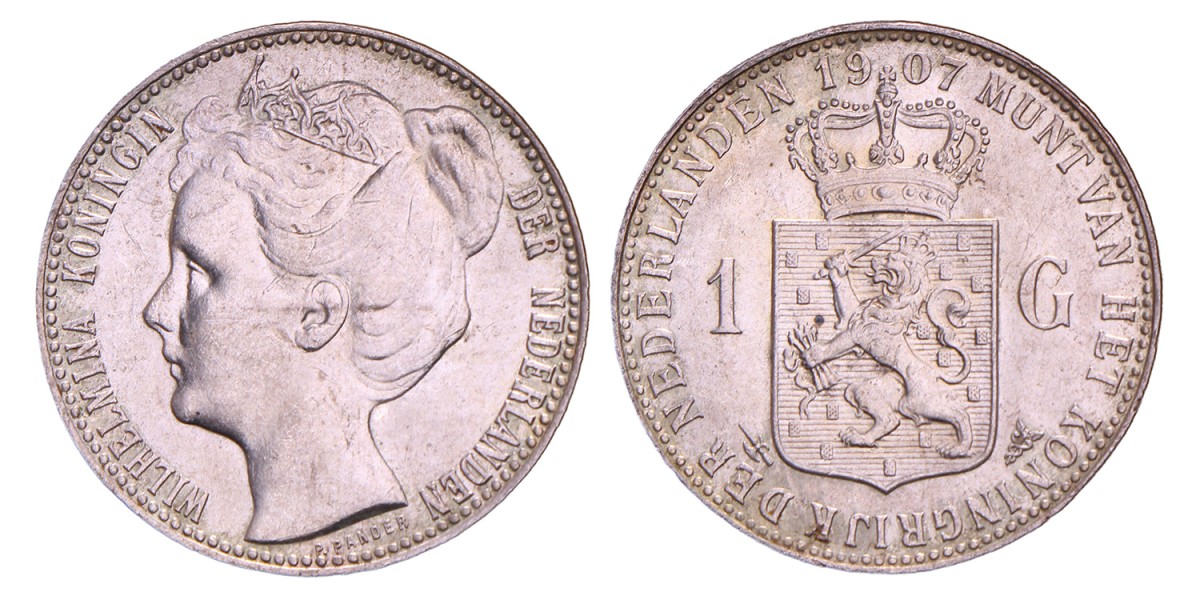 1 Gulden. Wilhelmina. 1907. UNC -.