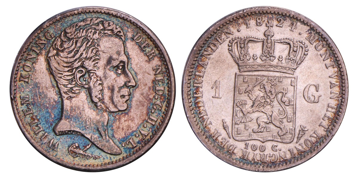 1 Gulden. Willem I. 1824 U met streep. Fraai / Zeer Fraai.