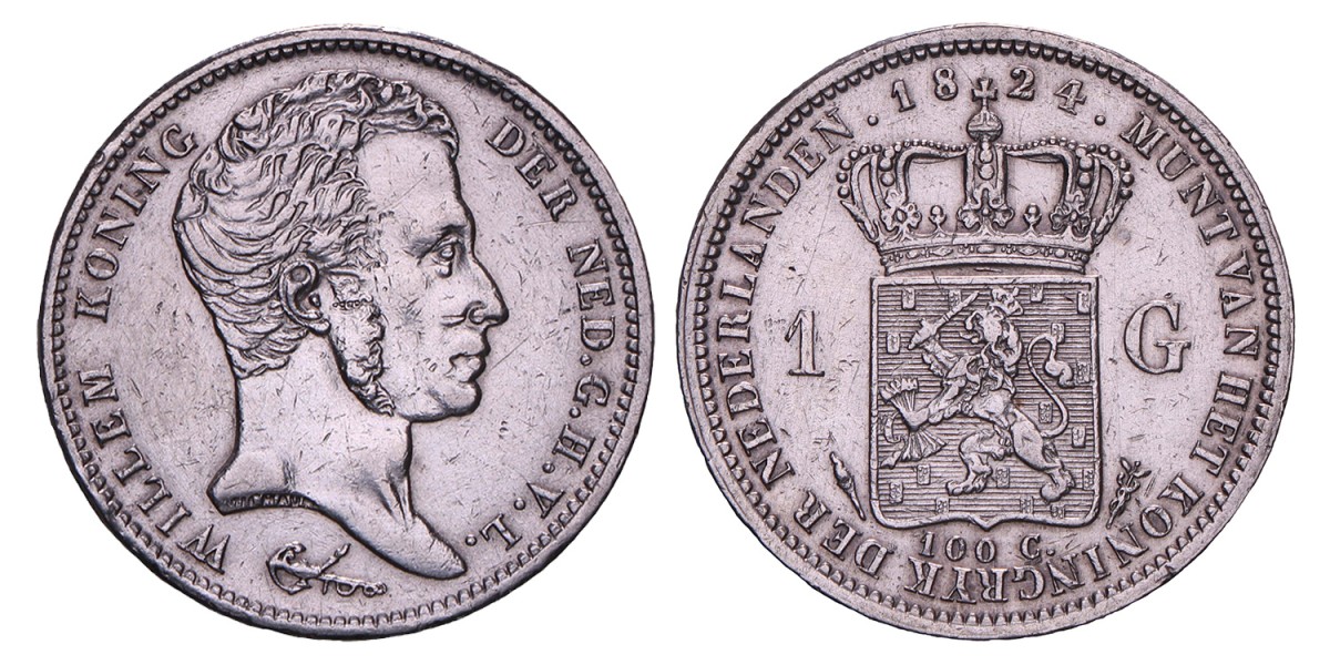 1 Gulden. Willem I. 1824 U met streep. Zeer Fraai +.