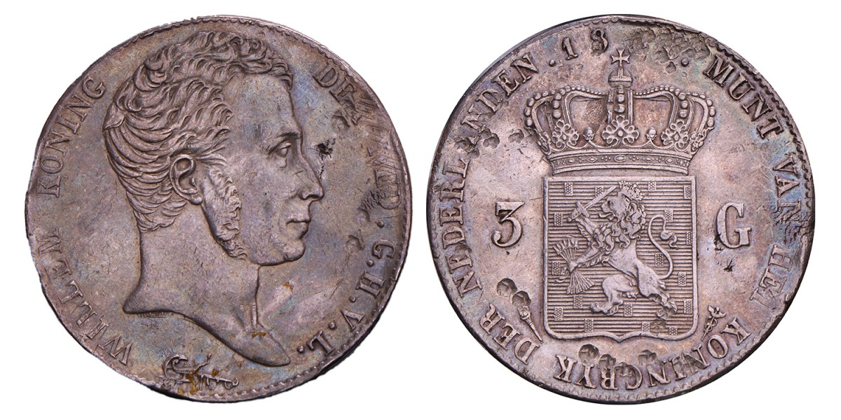 3 Gulden. Willem I. 18(18). Zeer Fraai.