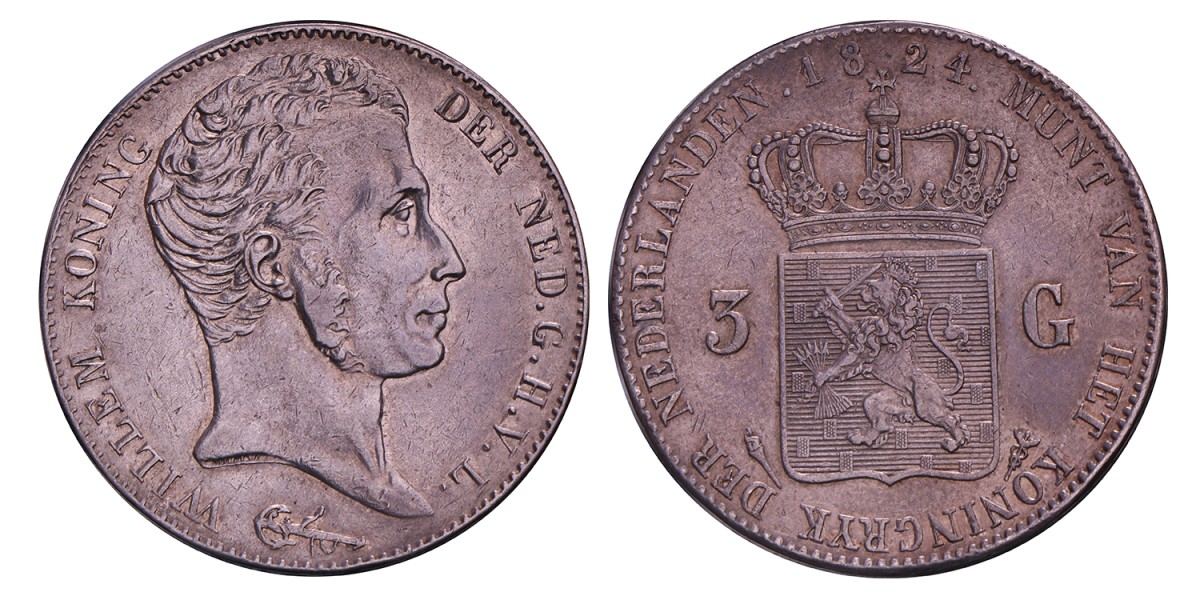 3 Gulden. Willem I. 1824. Zeer Fraai / Prachtig.