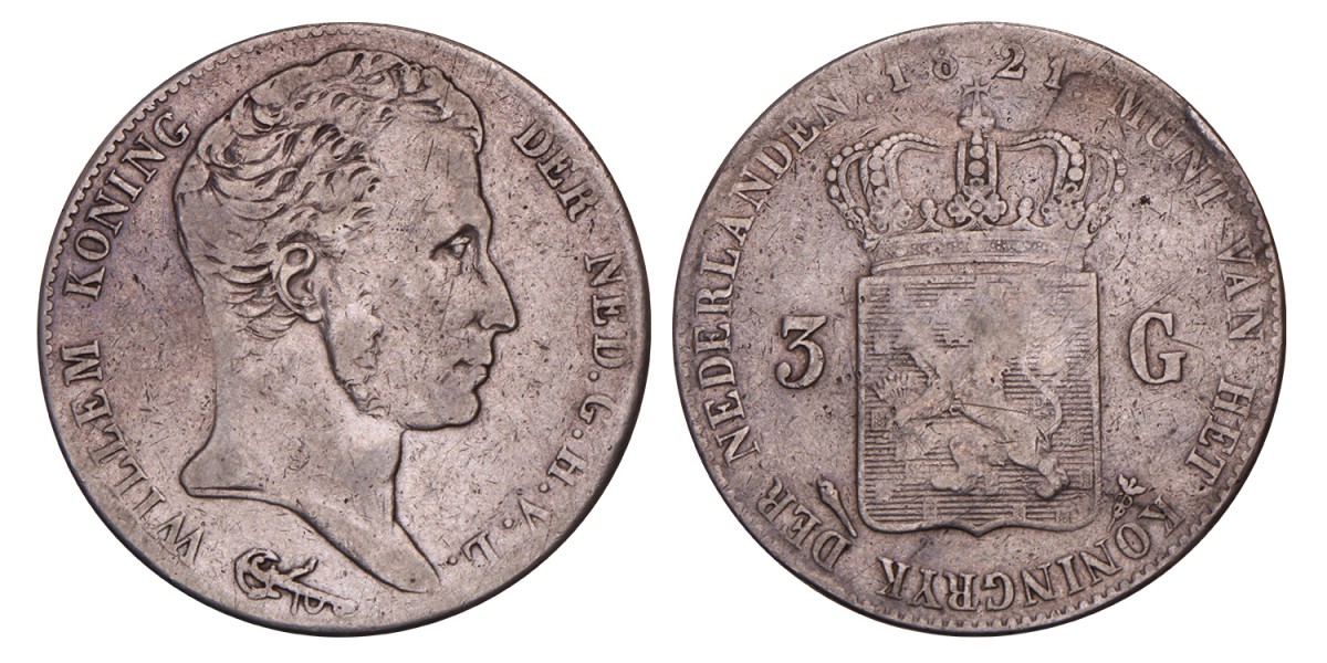 3 Gulden zonder volledige naam van Michaut. Willem I. 1821 U. Fraai / Zeer Fraai.