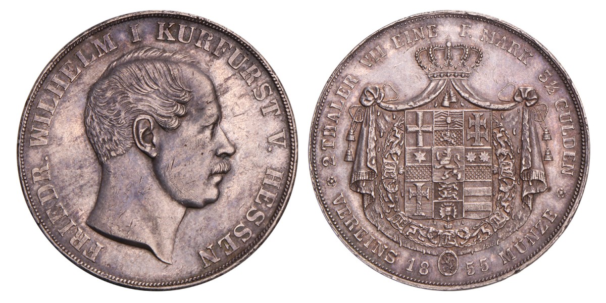 German States. Hessen-Kassel. Friedrich Wilhelm I. 2 Thaler. 1855.