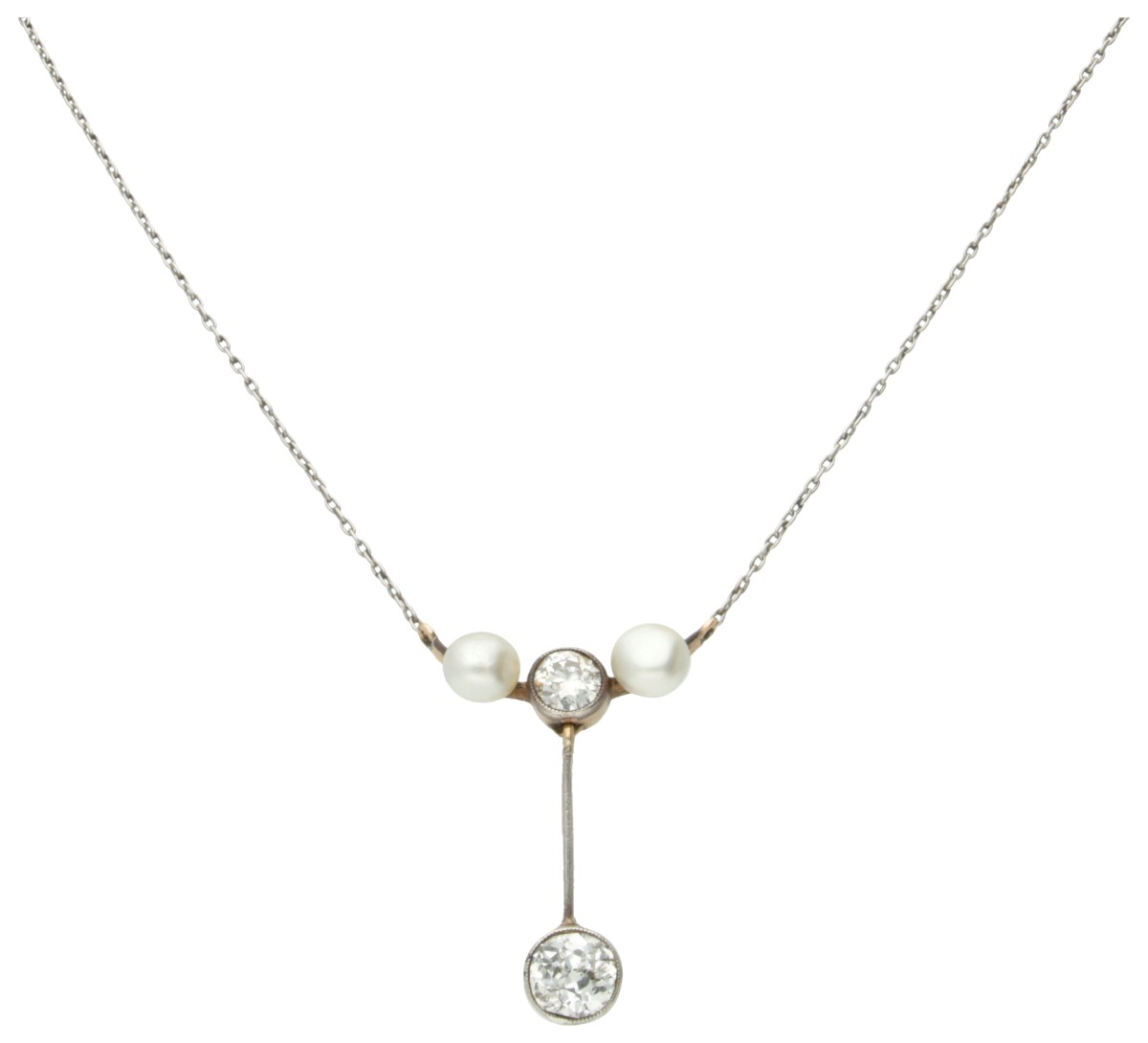 BWG 10 kt. bicolor gouden antiek collier bezet met ca. 1.18 ct. diamant en parel.