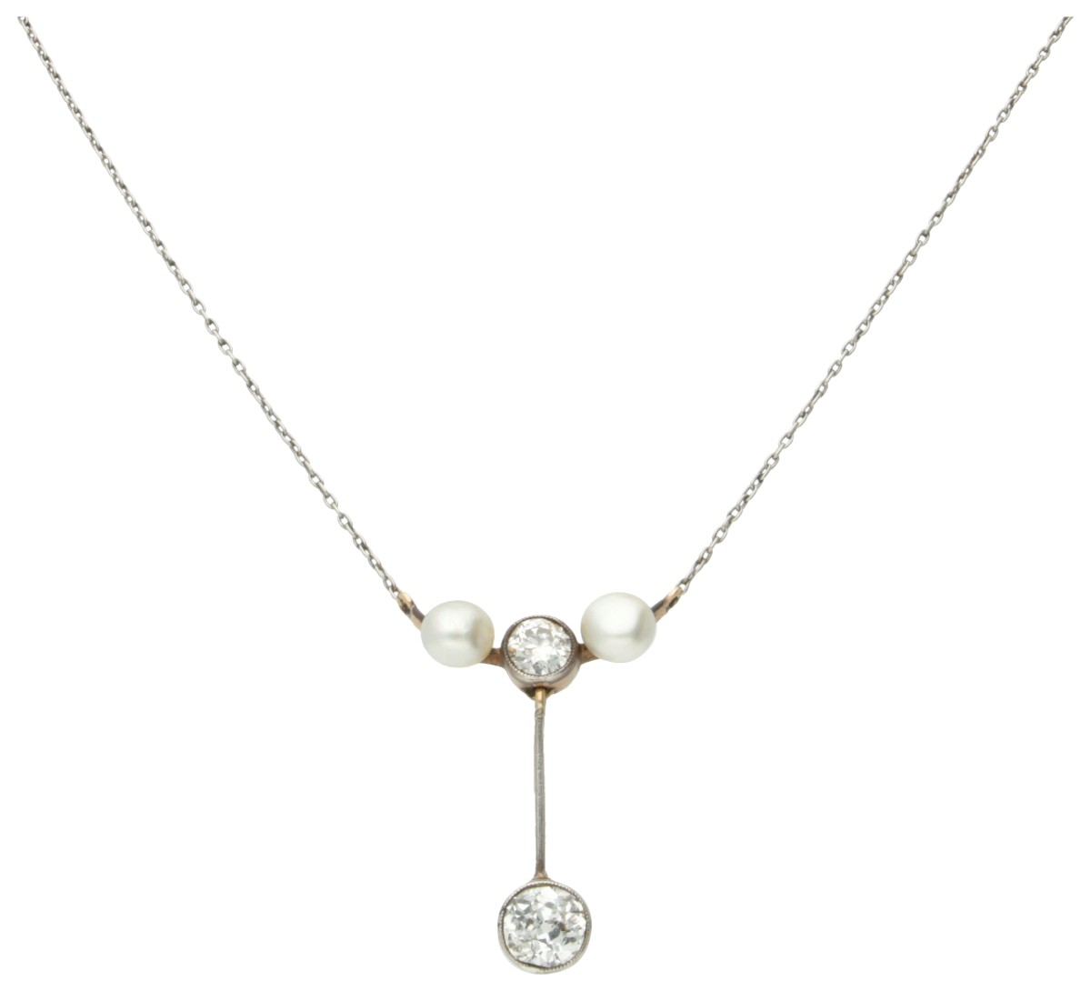 BWG 10 kt. bicolor gouden antiek collier bezet met ca. 1.18 ct. diamant en parel.