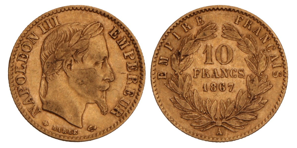 France. Napoleon III. 10 Francs. 1867 A.