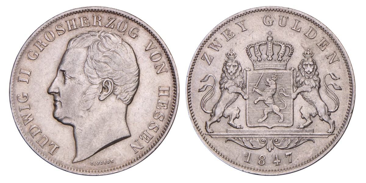 German States. Hessen-Darmstadt. Ludwig II. 2 Gulden. 1847.