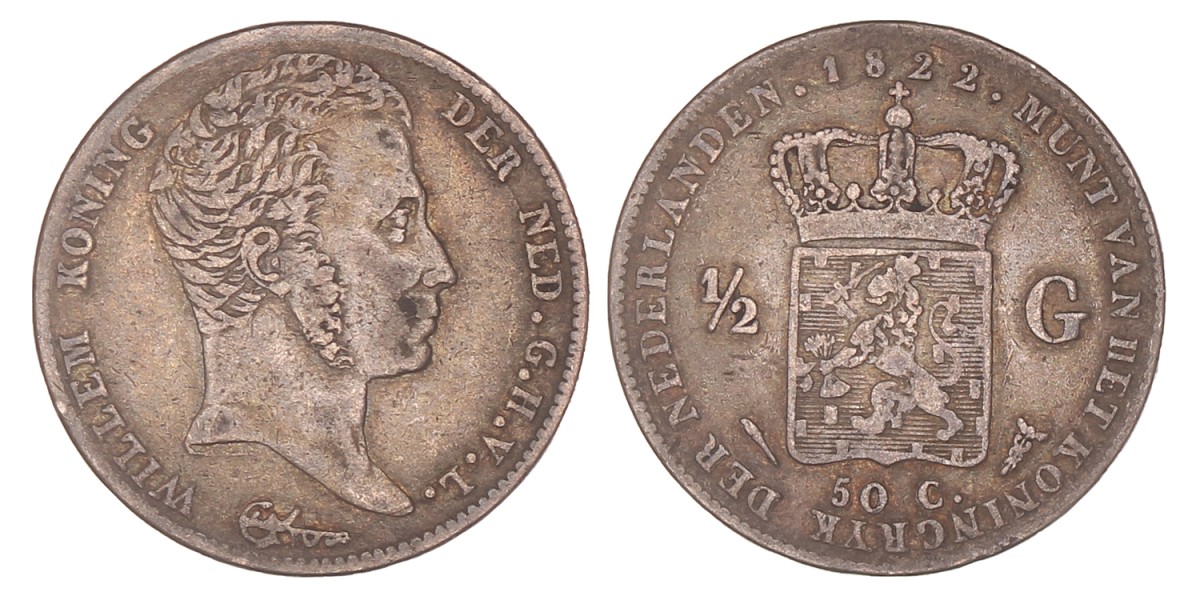 ½ Gulden. Willem I. 1822 U zonder volledige naam van Michaut. Fraai / Zeer Fraai.