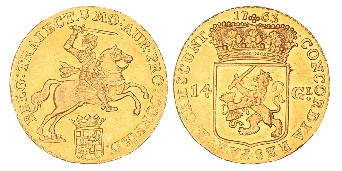 Gouden rijder van 14 Gulden. Utrecht. 1763. Zeer Fraai +.