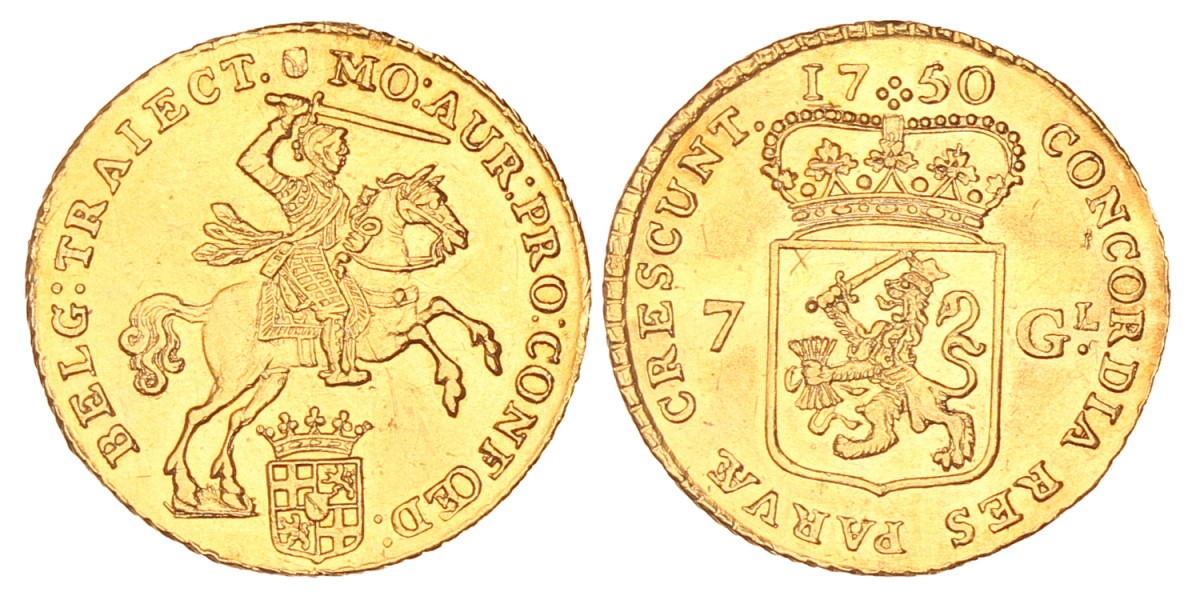 Halve gouden rijder van 7 Gulden. Utrecht. 1750. Prachtig +.