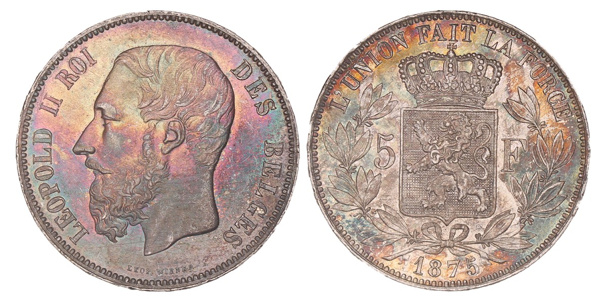 Belgium. Leopold II. 5 Francs. 1875.