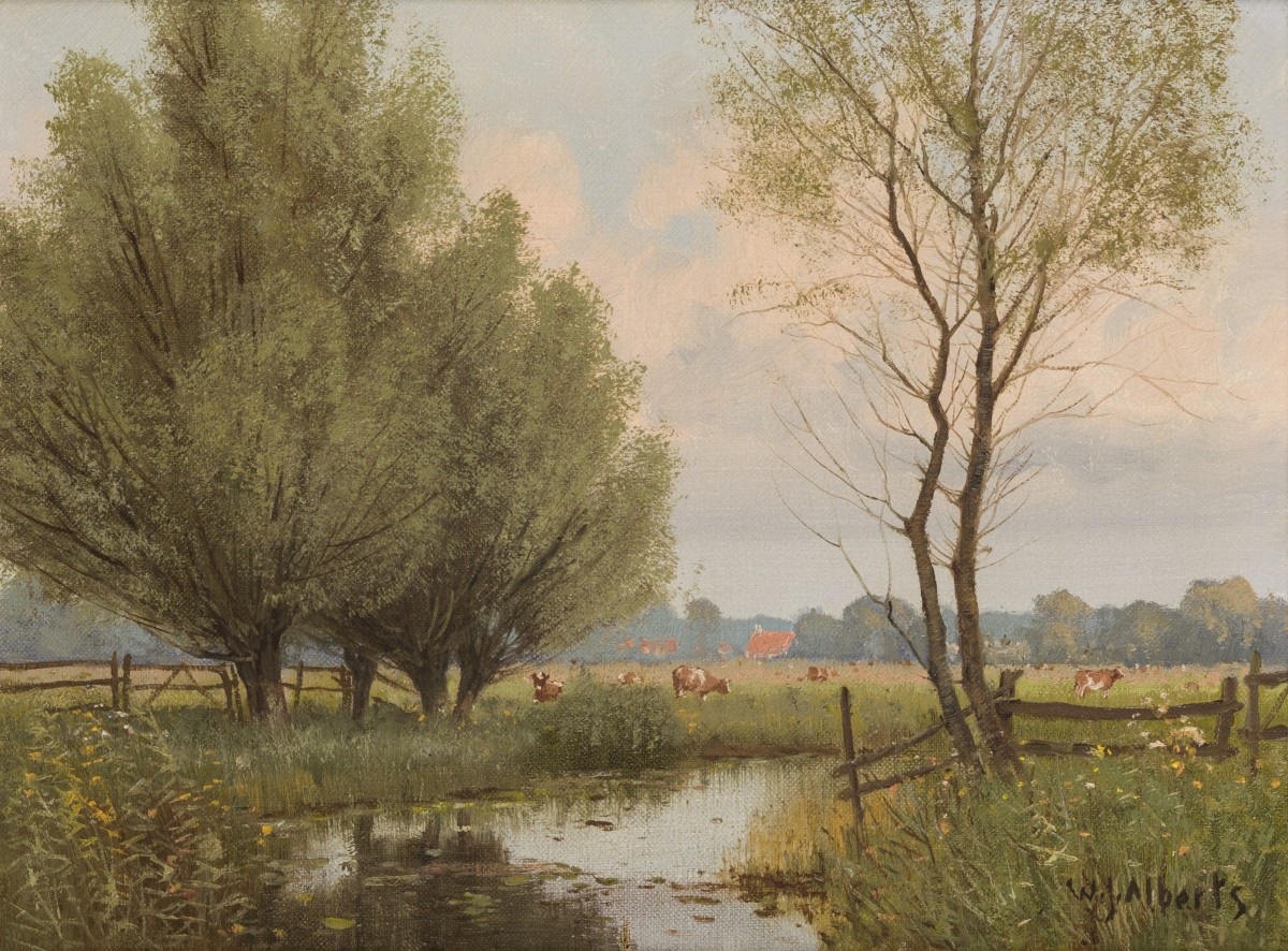 W.J. Alberts (Amsterdam 1921 - 1990), Landschap met knotwilgen en vee.