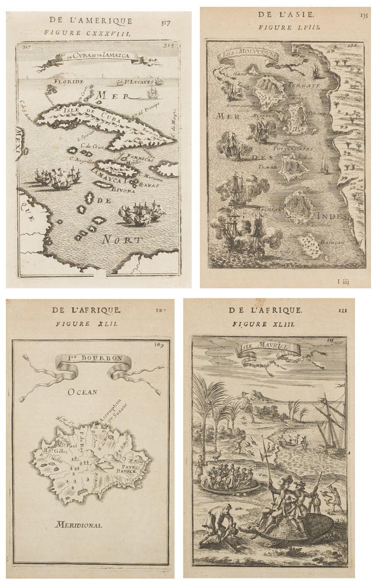 Malais, Landkaarten van diverse regio's: Cuba, Asië; Réunion, Mauritius, Frankrijk, 18e eeuw.