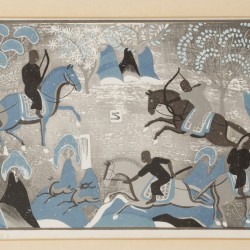 Jagers met pijl-en-boog te paard, litho, 20e eeuw.