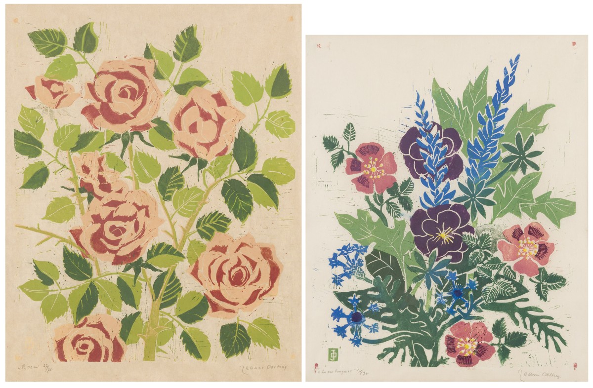 Jeanne Bieruma Oosting (Leeuwarden 1898 - 1994 Almen), "Rozen"- "Zomer Bouquet" (2x)