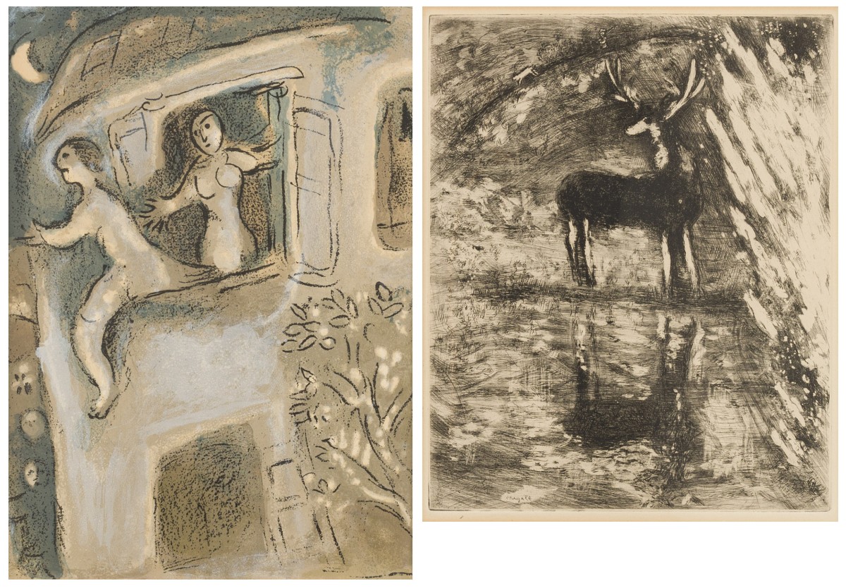 Marc Chagall (Liozna, Belarus 1887 - 1985, Saint Paul de Vence, France), "David sauvé par Mical"; "Le cerf se voyant dans l'eau."