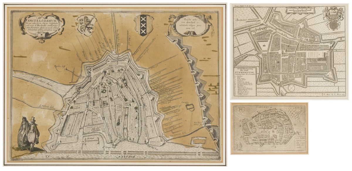 Een drietal plattegronden, prenten van Amsterdam, Haarlem en Purmerend, 18e eeuw en later. 