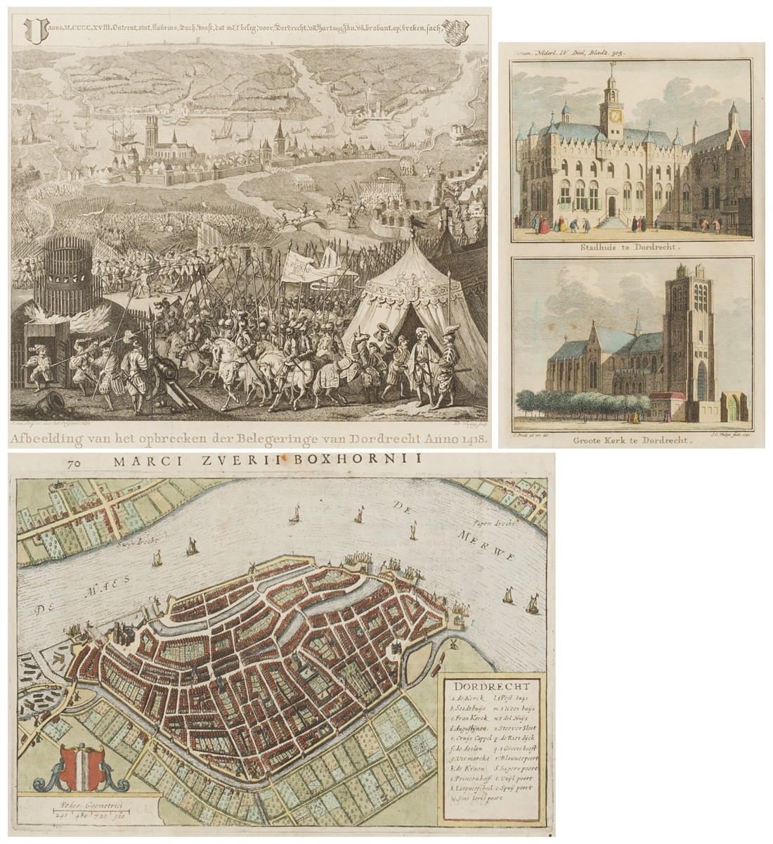 Een lot bestaande uit drie gravures. O.a. Boxhornius, Dordrecht 1634; Tirion 1742 Grote kerk en Stadhuis te Dordrecht, en Daniël Vrijdag naar Jacob van Strij, Afbeelding van het opbreeken der Belegeringhe van Dordrecht anno 1418, (uit 1795).