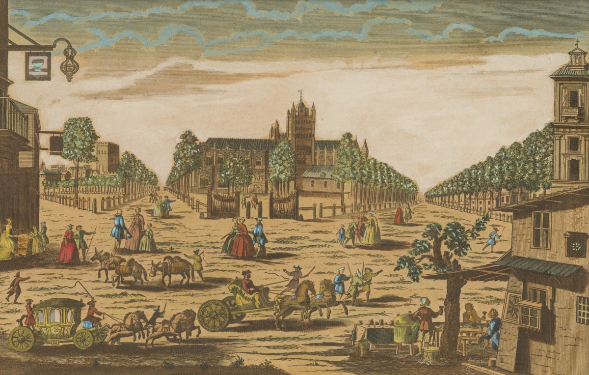 Een 18e-eeuwse opticaprent voorstellende een gezicht op de omgeving van Leyden.