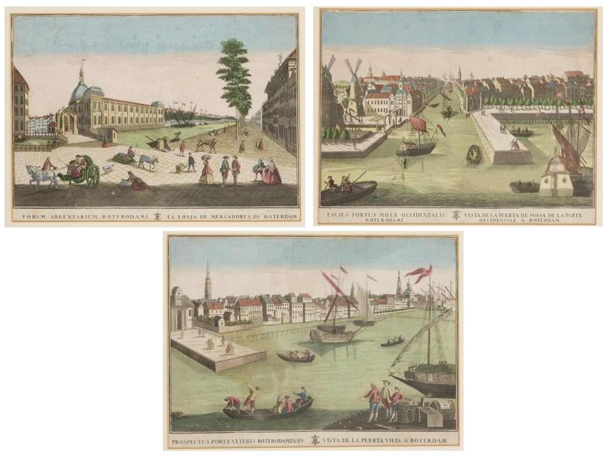 Een lot bestaande uit (3) 18e-eeuwse optica prenten van Rotterdam.