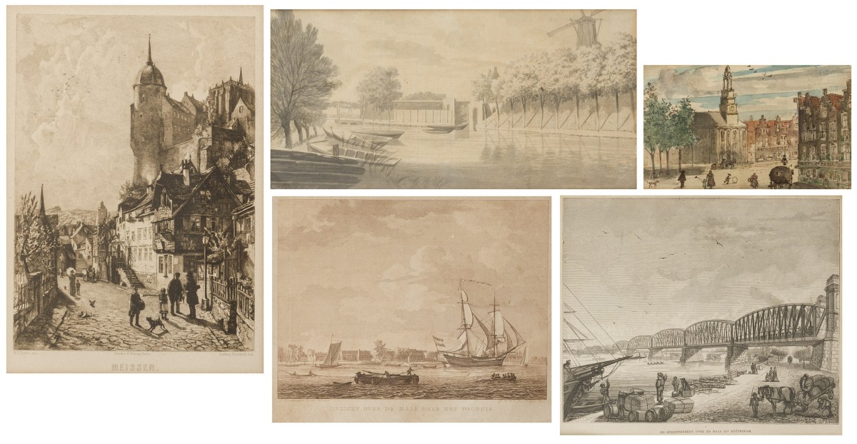 Een lot bestaande uit (5) facsimile's, een sepia en een aquarel