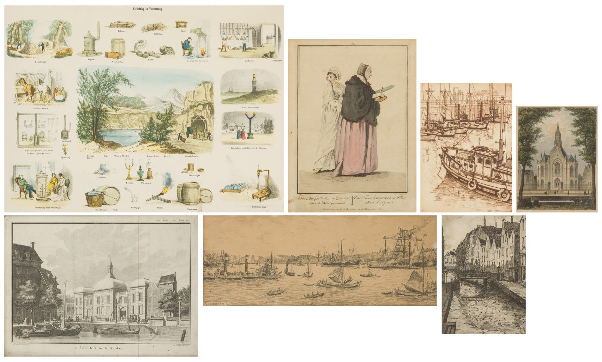 Een lot bestaande uit (7) etsen, gravures en reproducties met als onderwerp o.a. Rotterdam.