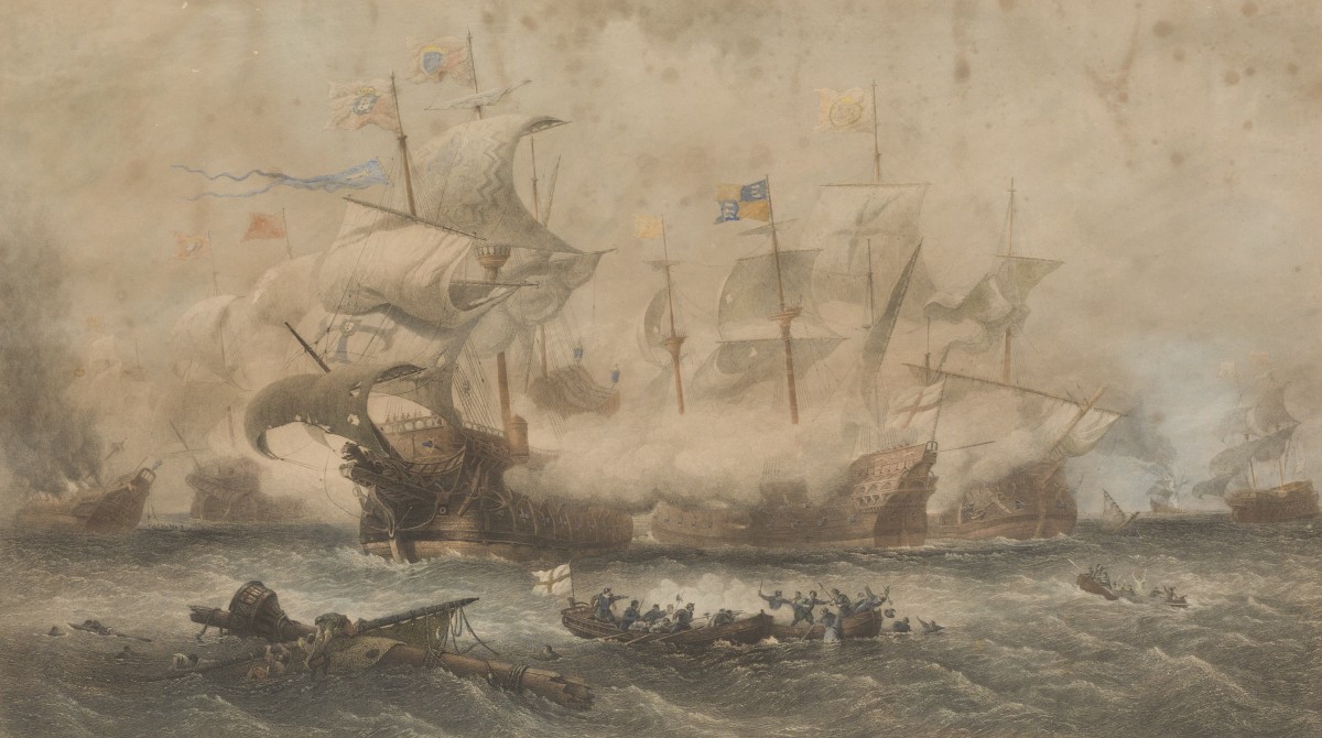 The attack of the 'Vanguard' (commanded by Sir William Winter) on the Spanish Armada, 8 August 1588.