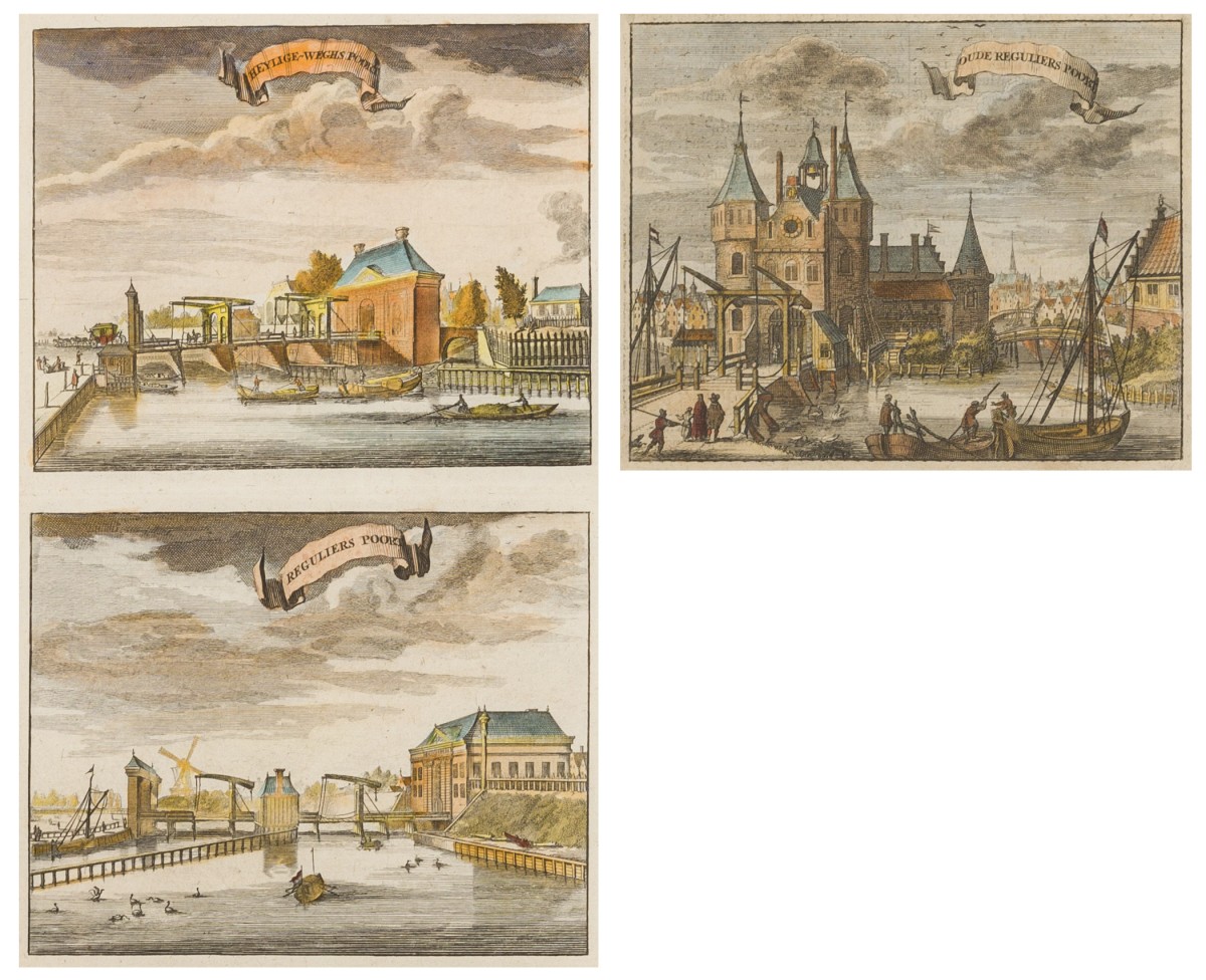Hollandse school, Een lot bestaande uit (2) gravures met voorstellingen van Amsterdam, Oude Reguliers Poort en de Heylige Weghs Poort (Heiligenweg), 18e eeuw. 