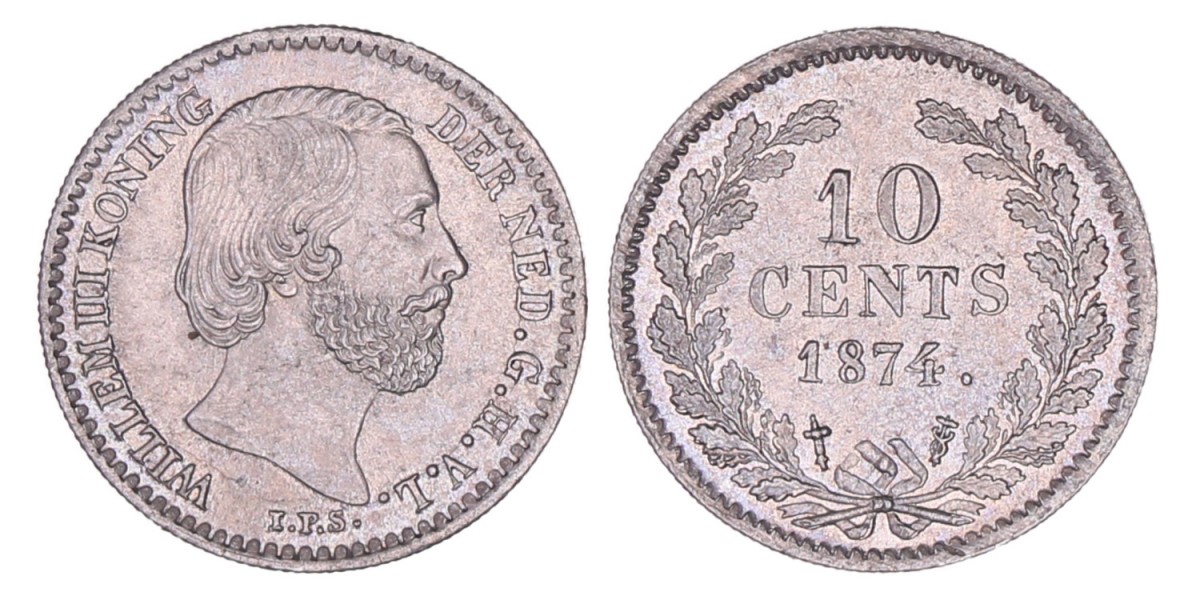 10 cent Willem III 1874 zwaard met klaverbladvormig einde. Prachtig / FDC.