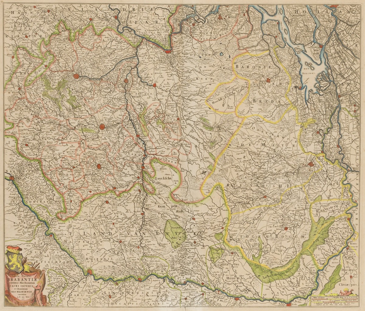 Een kaart van Brabant door Frederik de Wit (1629 - 1706) Tabula Ducatus Brabantiae continens Marchionatum Sacri Imperii et Dominium Mechliniense - gedateerd 1666.