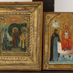 Een lot van (2) diverse iconen waaronder een pelgrim op bedevaart en een tronende Madonna, ca. 1900. 