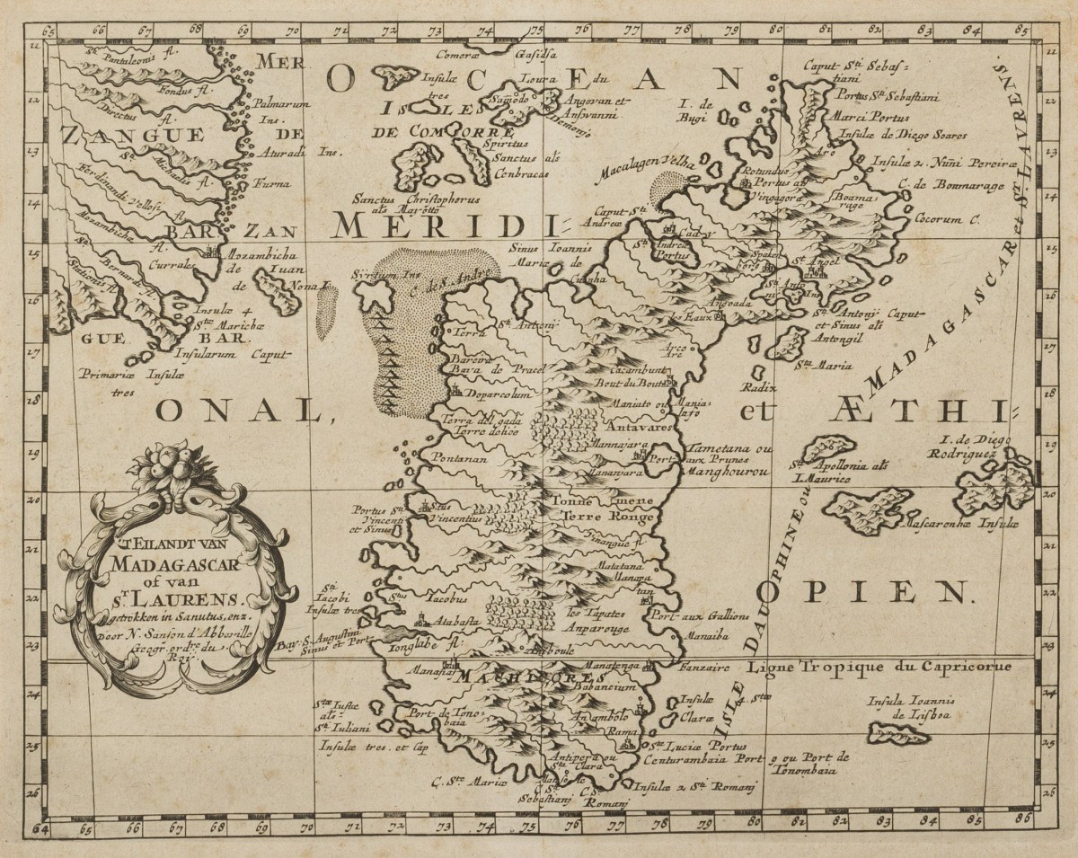 Nicolas SANSON D'ABBEVILLE (1600-1667), Landkaart van het eiland Madagaskar, ca. 1700.