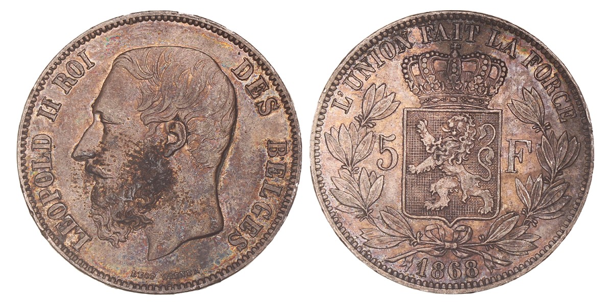 Belgium. Leopold II. 5 Francs. 1868.