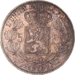 Belgium. Leopold II. 5 Francs. 1868.