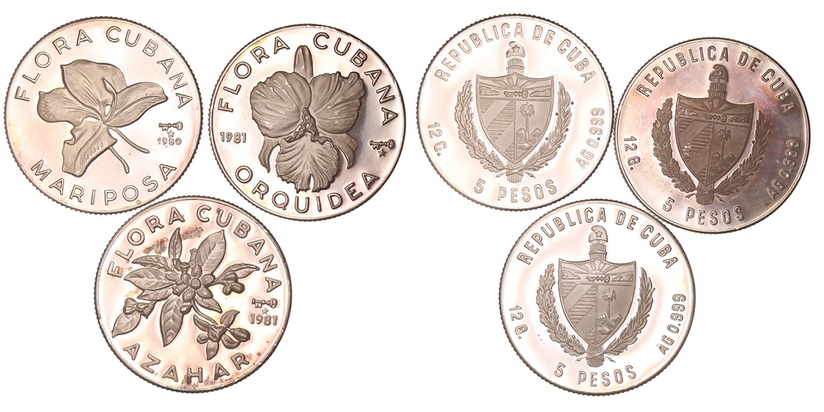 Cuba. Lot (3) 5 Pesos 'Cuban Flora' serie. 1980 - 1981.