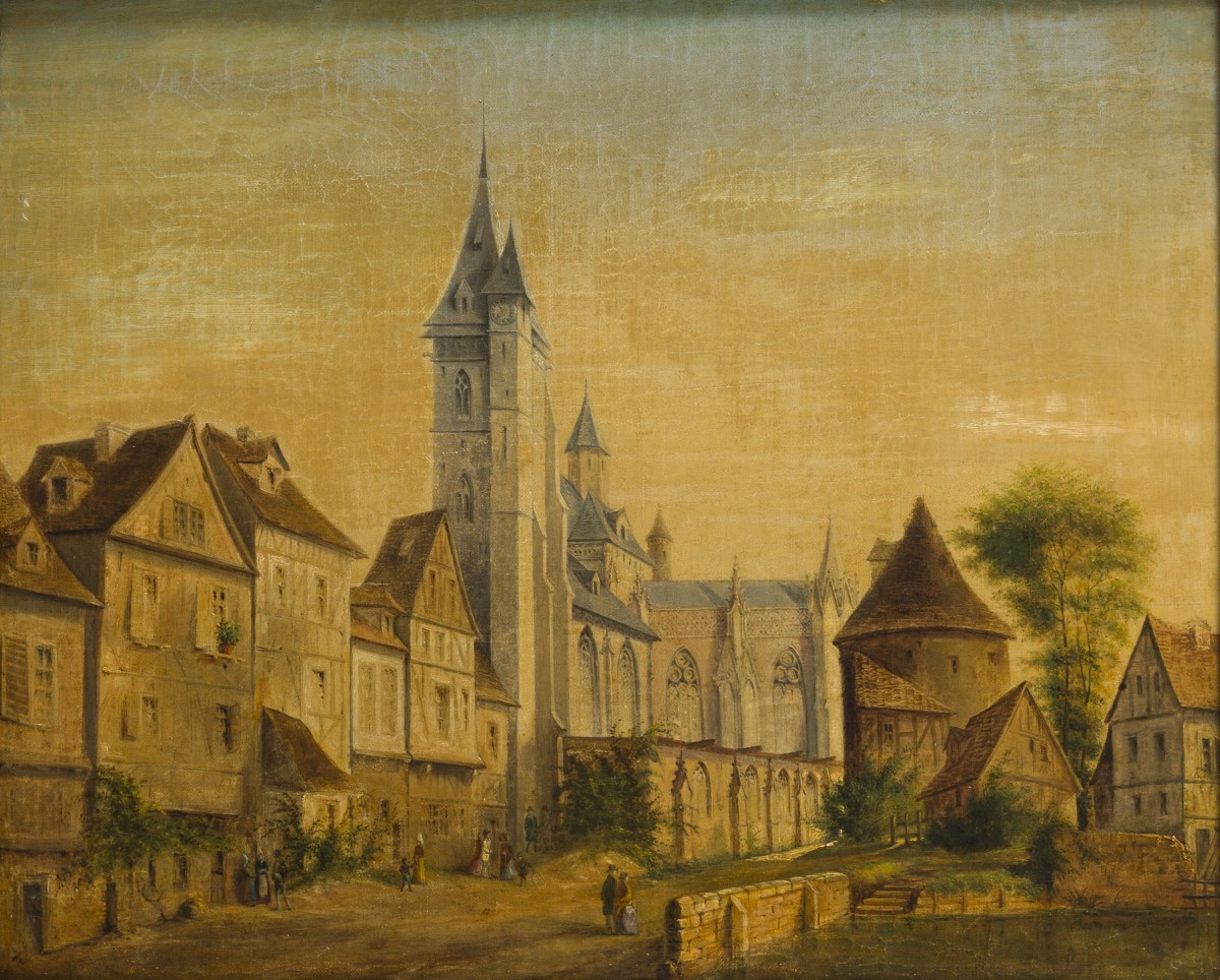 Belgische School, Romantisch stadsgezicht bij Gotische kerk, oleogravure, 1e helft 20e eeuw.