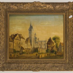 Belgische School, Romantisch stadsgezicht bij Gotische kerk, oleogravure, 1e helft 20e eeuw.