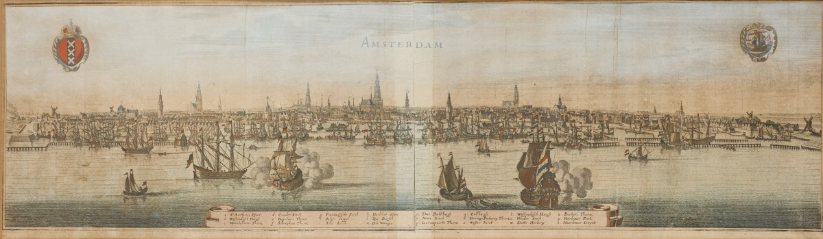 Matthäus Merian, Gezicht op Amsterdam in vogelvlucht, Holland, circa 1700.