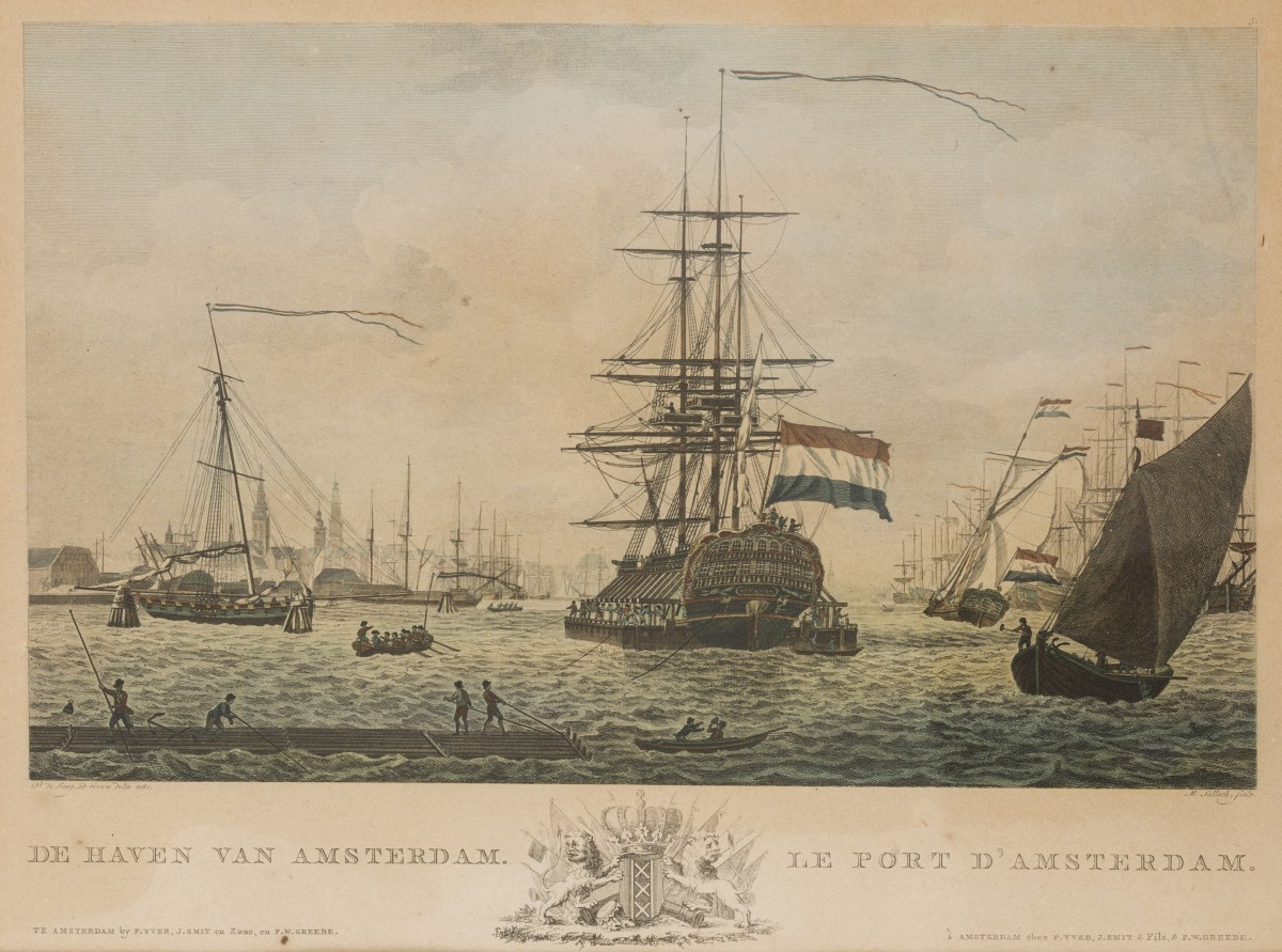 Hollandse School, Twee gezichten op de haven van Amsterdam, staalgravure, 19e eeuw.