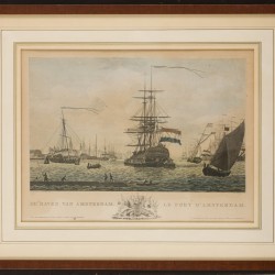 Hollandse School, Twee gezichten op de haven van Amsterdam, staalgravure, 19e eeuw.