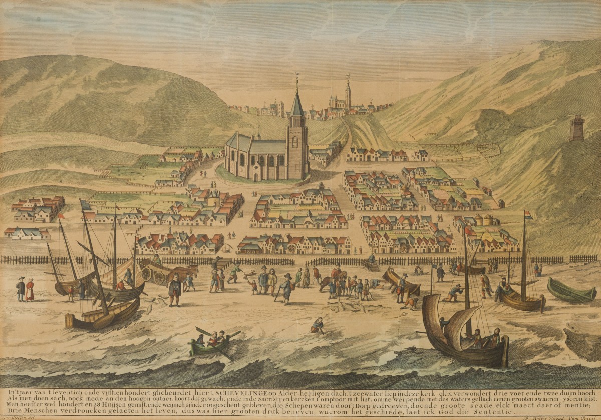 Hollandse School, gezicht op Scheveningen, kopergravure, 1730.