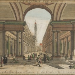 Duitse School, Een set van (3) prenten, waarvan twee optica, voorstellende Palazzo Vecchio en Ufizzi, en de Poort van Saint Denis / Porte Saint Denis te Parijs, 18e eeuw.