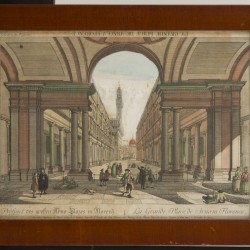 Duitse School, Een set van (3) prenten, waarvan twee optica, voorstellende Palazzo Vecchio en Ufizzi, en de Poort van Saint Denis / Porte Saint Denis te Parijs, 18e eeuw.