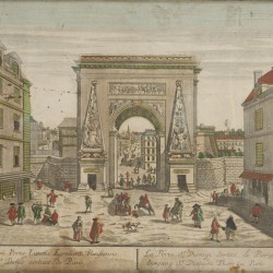 Duitse School, Een set van (3) prenten, waarvan twee optica, voorstellende Palazzo Vecchio en Ufizzi, en de Poort van Saint Denis / Porte Saint Denis te Parijs, 18e eeuw.