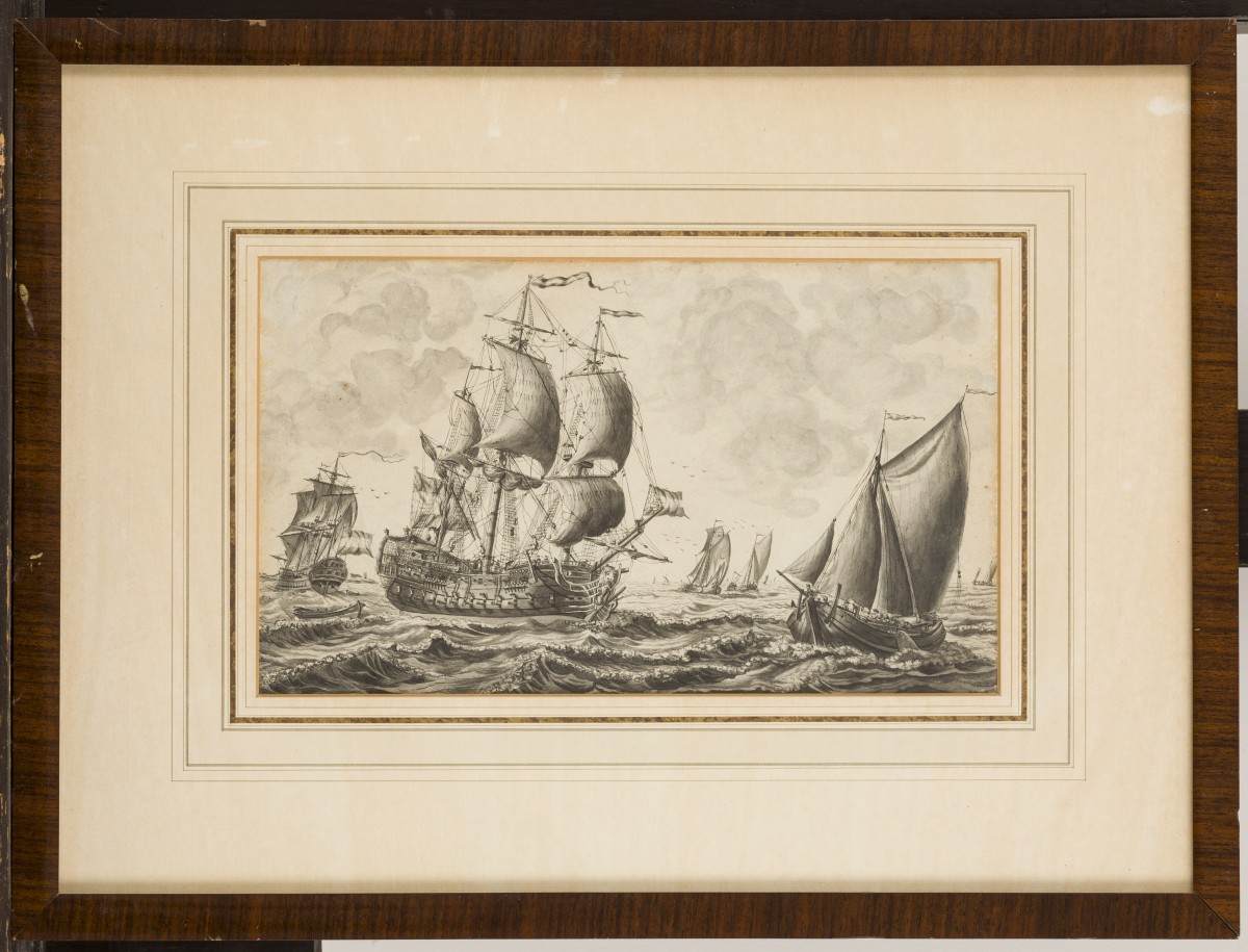 Hollandse School, Schepen voor de kust, gewassen inkt op papier, 19e eeuw.
