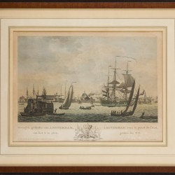 Hollandse School, Twee gezichten op de haven van Amsterdam, staalgravure, 19e eeuw.