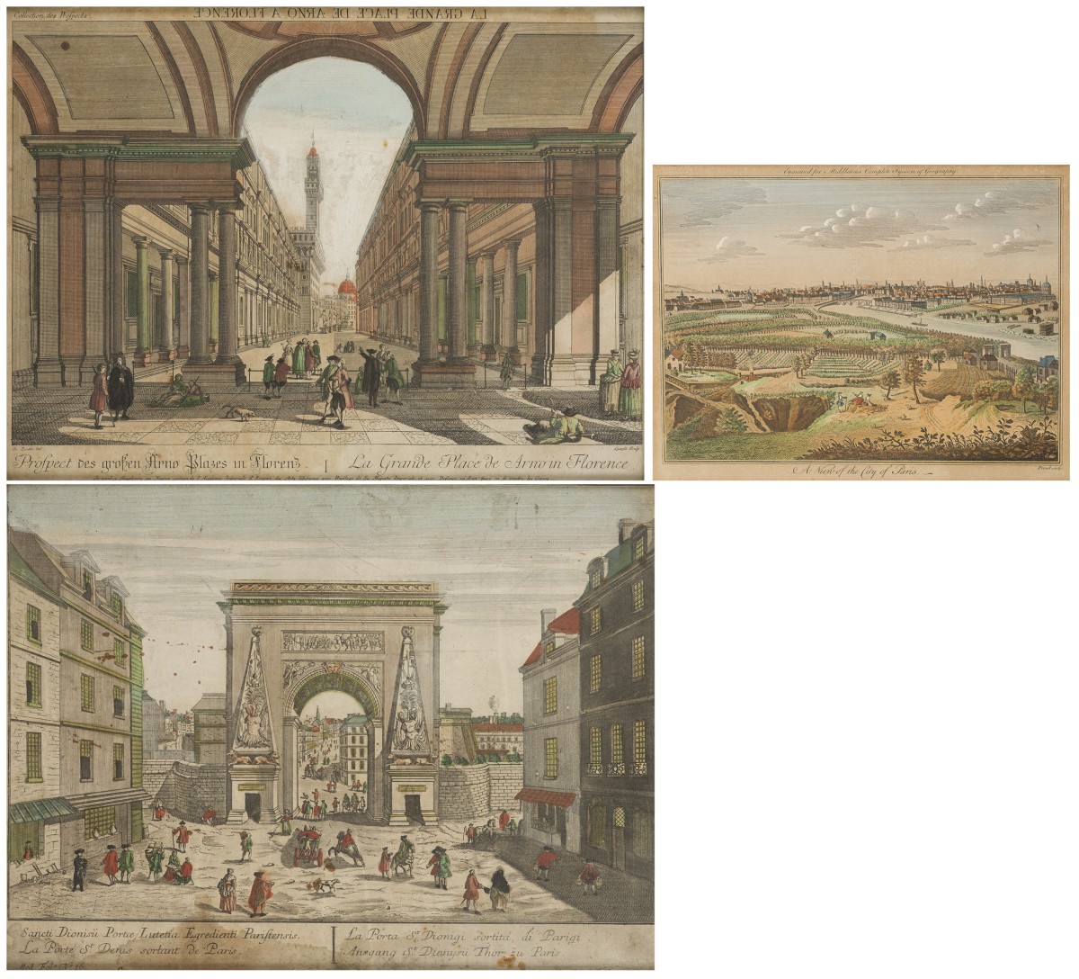 Duitse School, Een set van (3) prenten, waarvan twee optica, voorstellende Palazzo Vecchio en Ufizzi, en de Poort van Saint Denis / Porte Saint Denis te Parijs, 18e eeuw.
